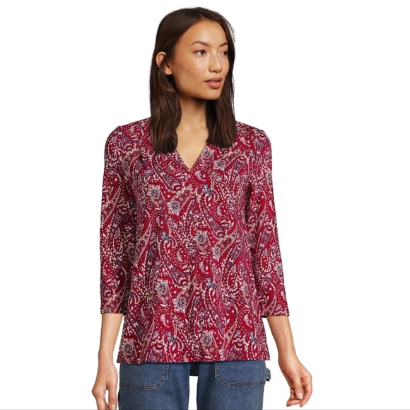 Lands' End Red Paisley 3/4 Sleeve Lightweight Jersey V-neck Top M 10-12 - Picture 3 of 13